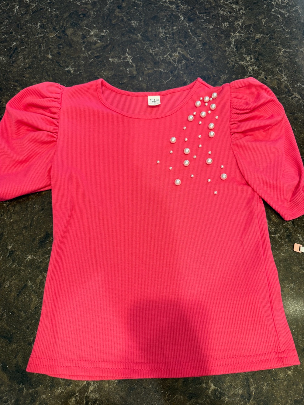 SHEIN Hot Pink Pearl-Embellished Puff Sleeve Tee